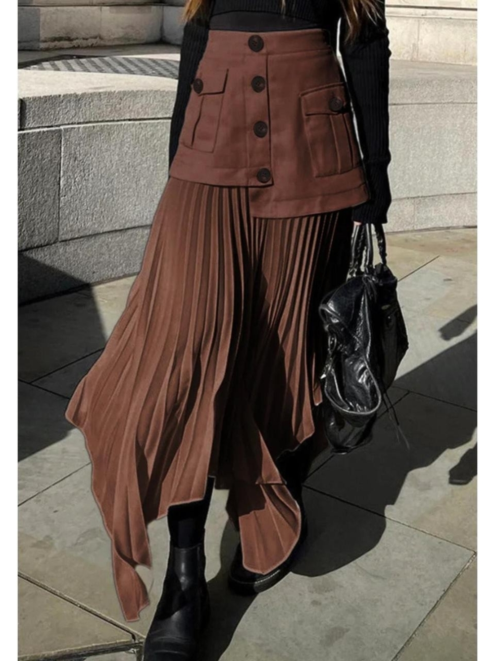 Commense Brown Asymmetrical Pleated Midi Skirt